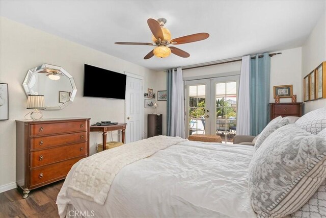 2374 Corydon Ave, Norco, CA 92860 - bedroom with french doors, access to outside, dark wood-type flooring, and a ceiling fan
