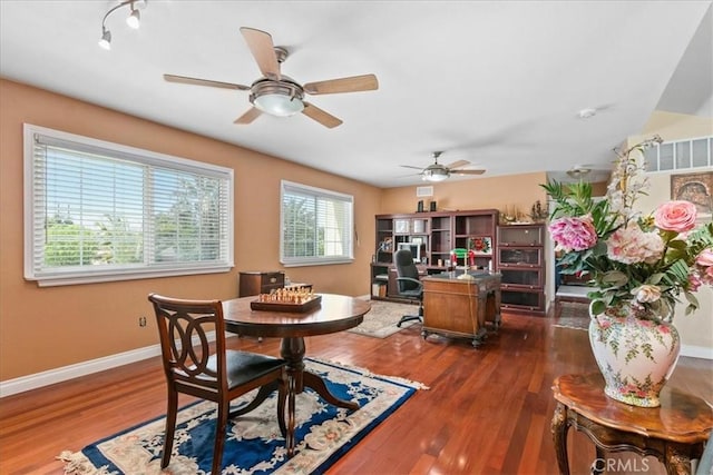 2374 Corydon Ave, Norco, CA 92860 - dining area featuring dark wood-style floors, ceiling fan, and a desk