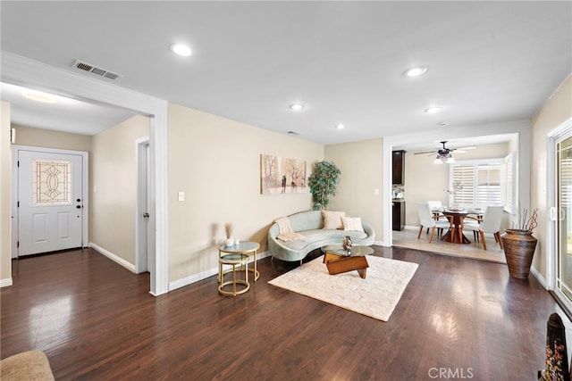 325 Sunrise St, Placentia, CA 92870 - living area with a ceiling fan, dark wood-style floors, and recessed lighting