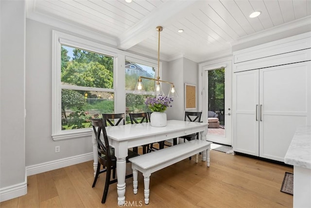 19256 Jasper Hill Rd, Lake Forest, CA 92679 - dining area with healthy amount of natural light, ornamental molding, light wood-style floors, a wood ceiling with exposed beams, and recessed lighting