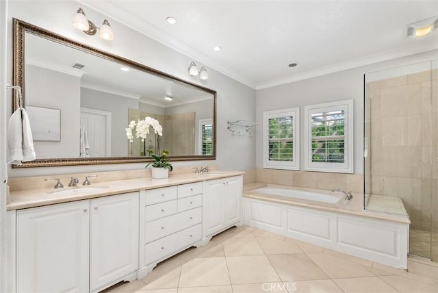 19256 Jasper Hill Rd, Lake Forest, CA 92679 - bathroom with double vanity, a garden tub, tile patterned floors, recessed lighting, and ornamental molding