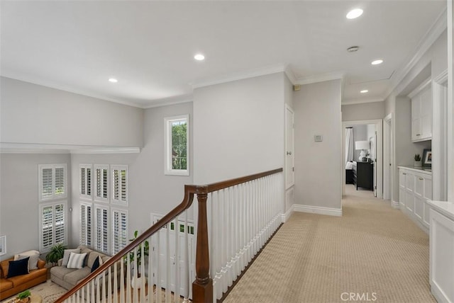 19256 Jasper Hill Rd, Lake Forest, CA 92679 - hall with recessed lighting, light carpet, and ornamental molding