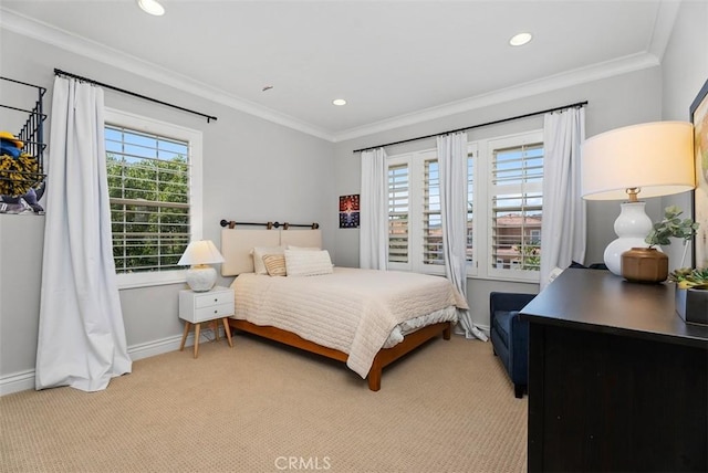 19256 Jasper Hill Rd, Lake Forest, CA 92679 - bedroom featuring light carpet, ornamental molding, and recessed lighting