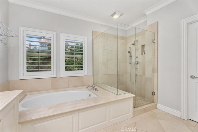 19256 Jasper Hill Rd, Lake Forest, CA 92679 - full bath with a garden tub, a shower stall, crown molding, tile patterned floors, and vanity