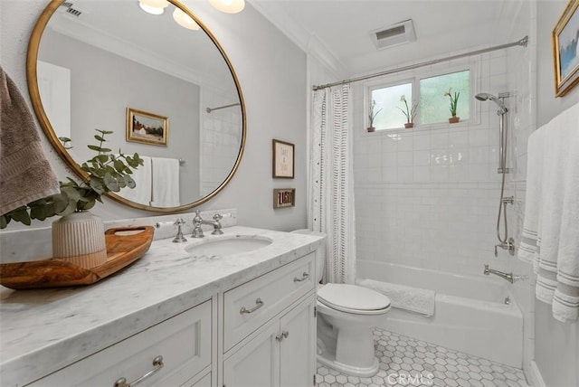 19256 Jasper Hill Rd, Lake Forest, CA 92679 - full bathroom featuring shower / tub combo with curtain, vanity, crown molding, and tile patterned floors