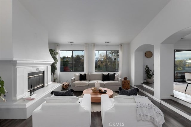 5027 Sleeping Indian Rd, Fallbrook, CA 92028 - living room featuring arched walkways, dark wood finished floors, plenty of natural light, and a glass covered fireplace