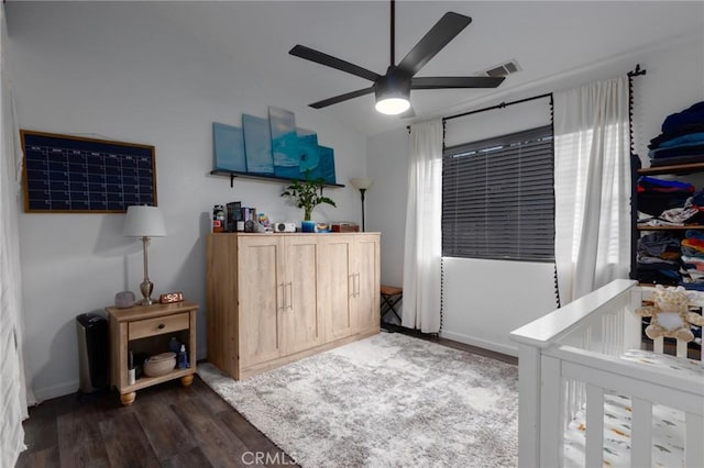 5027 Sleeping Indian Rd, Fallbrook, CA 92028 - bedroom with dark wood finished floors, vaulted ceiling, and a ceiling fan