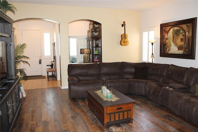 31256 Firestone St, Temecula, CA 92591 - living room with dark wood-style flooring and arched walkways