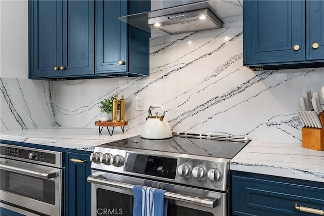 5825 Paseo De La Cumbre, Yorba Linda, CA 92887 - kitchen featuring appliances with stainless steel finishes, blue cabinets, decorative backsplash, and extractor fan