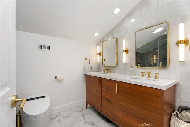 5825 Paseo De La Cumbre, Yorba Linda, CA 92887 - full bathroom with marble finish floors, double vanity, tiled shower, recessed lighting, and tile walls