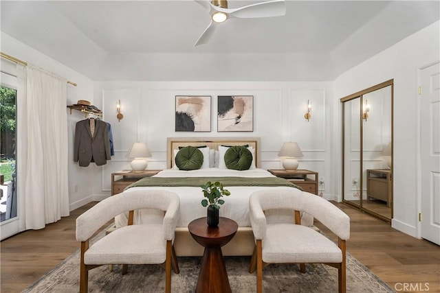 5825 Paseo De La Cumbre, Yorba Linda, CA 92887 - bedroom featuring a decorative wall, wood finished floors, access to exterior, and ceiling fan
