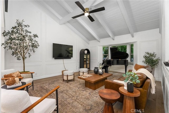 5825 Paseo De La Cumbre, Yorba Linda, CA 92887 - living room with a decorative wall, wood finished floors, beamed ceiling, high vaulted ceiling, and ceiling fan