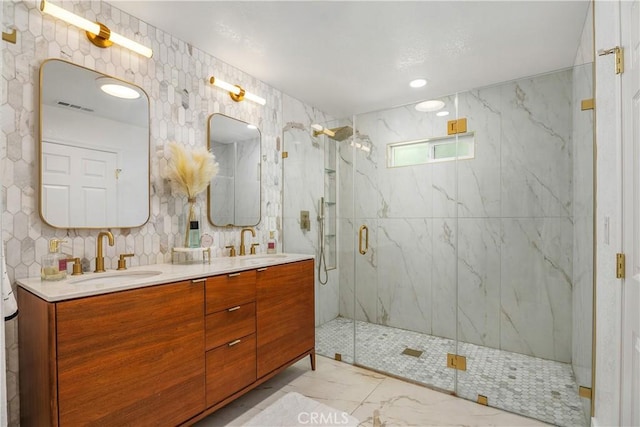5825 Paseo De La Cumbre, Yorba Linda, CA 92887 - bathroom featuring marble finish flooring, a marble finish shower, and double vanity