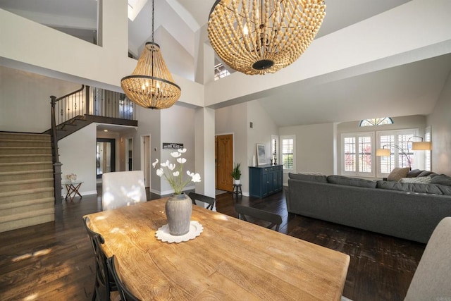 2044 Columbus Way, Vista, CA 92081 - dining room with a chandelier, dark wood-style floors, high vaulted ceiling, and stairs