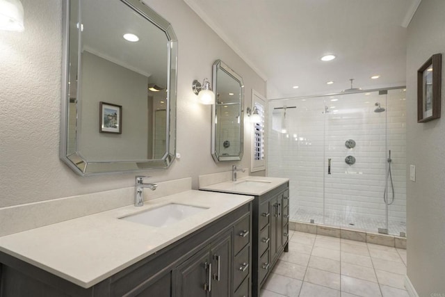 2044 Columbus Way, Vista, CA 92081 - bathroom with a stall shower, vanity, recessed lighting, tile patterned floors, and ornamental molding