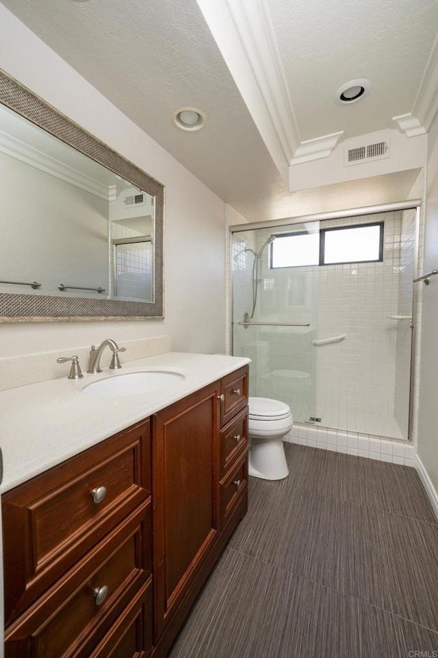 2044 Columbus Way, Vista, CA 92081 - full bath featuring vanity, ornamental molding, a shower stall, and recessed lighting