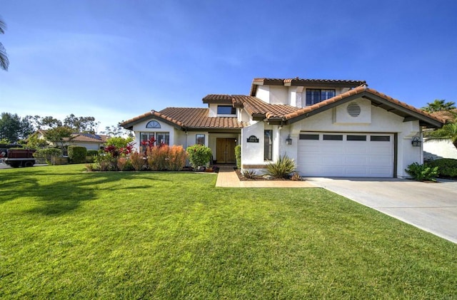 2044 Columbus Way, Vista, CA 92081 - mediterranean / spanish home with concrete driveway, stucco siding, a garage, a front lawn, and a tile roof
