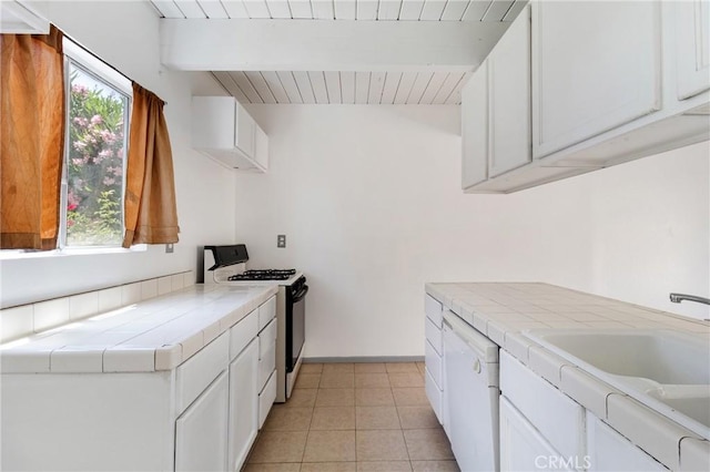 43606 Stanridge Ave, Lancaster, CA 93535 - kitchen featuring range with gas stovetop, tile counters, ventilation hood, white cabinets, and wooden ceiling