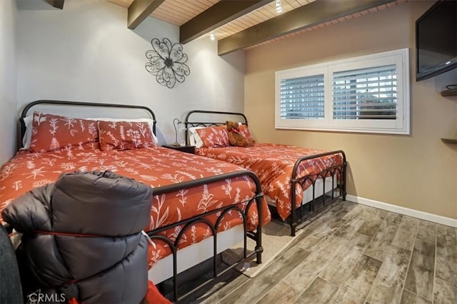 182 Darfo Dr, Crestline, CA 92325 - bedroom with wood finished floors and a wooden ceiling with exposed beams