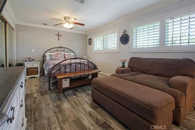 182 Darfo Dr, Crestline, CA 92325 - bedroom featuring dark wood-type flooring, ornamental molding, and a ceiling fan
