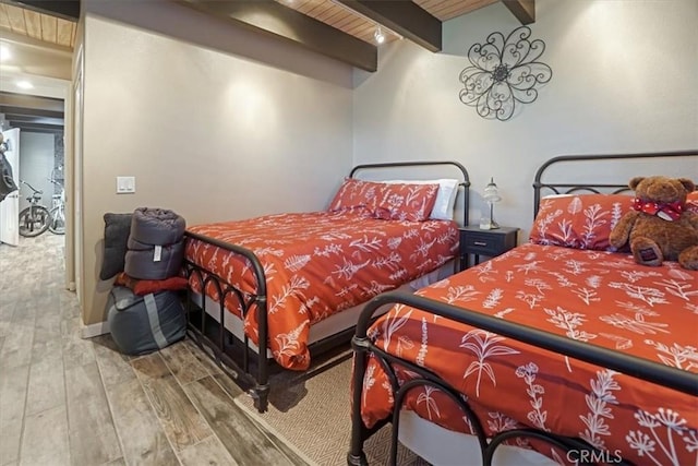 182 Darfo Dr, Crestline, CA 92325 - bedroom with wood finished floors and a wooden ceiling with exposed beams