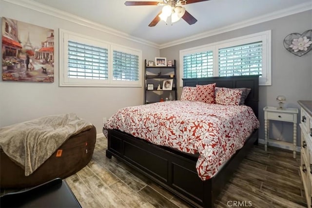 182 Darfo Dr, Crestline, CA 92325 - bedroom featuring crown molding, wood finished floors, and ceiling fan