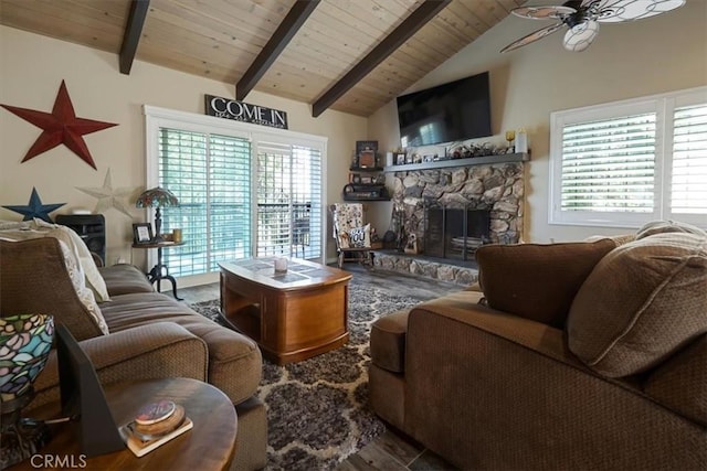 182 Darfo Dr, Crestline, CA 92325 - living room with a stone fireplace, a ceiling fan, wooden ceiling, and wood finished floors