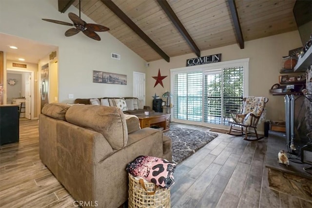 182 Darfo Dr, Crestline, CA 92325 - living room with wood finished floors, a ceiling fan, high vaulted ceiling, and a wooden ceiling with exposed beams