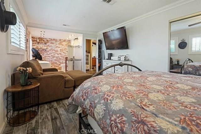 182 Darfo Dr, Crestline, CA 92325 - bedroom featuring wood finished floors and ornamental molding