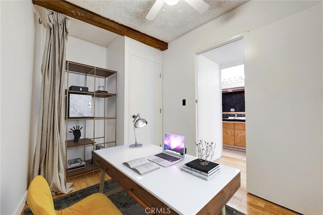 1701 Clinton St Unit 402, Los Angeles, CA 90026 - office space featuring light wood-type flooring, a textured ceiling, a ceiling fan, and beamed ceiling