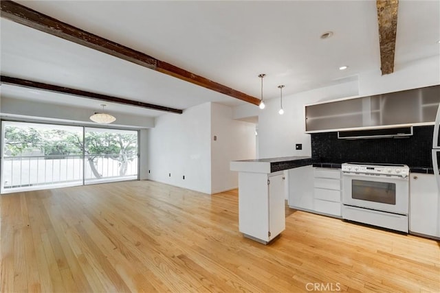 1701 Clinton St Unit 402, Los Angeles, CA 90026 - kitchen with white range with electric cooktop, beam ceiling, backsplash, light wood finished floors, and exhaust hood