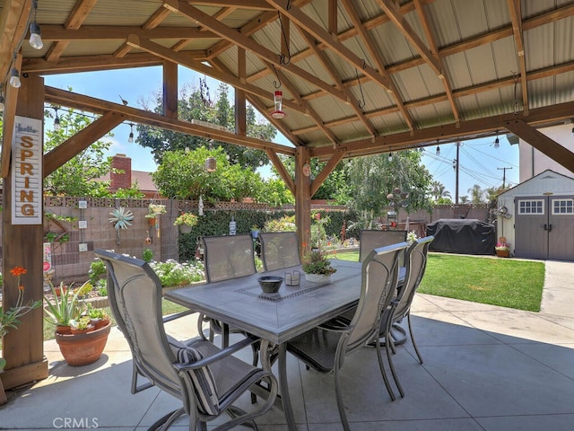 6364 Hancock Way, Buena Park, CA 90620 - fenced backyard featuring a gazebo, a storage shed, a patio, and outdoor dining area