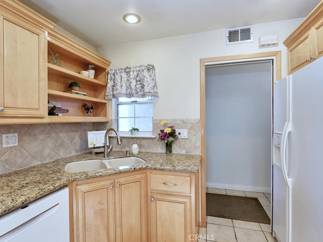6364 Hancock Way, Buena Park, CA 90620 - kitchen with white appliances, light brown cabinets, light tile patterned flooring, and decorative backsplash