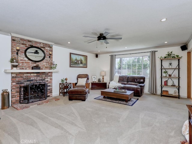 6364 Hancock Way, Buena Park, CA 90620 - living room with a ceiling fan, crown molding, carpet flooring, a brick fireplace, and recessed lighting