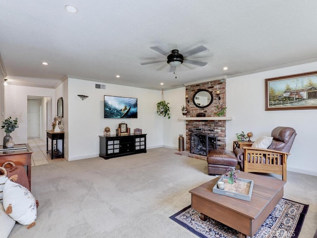 6364 Hancock Way, Buena Park, CA 90620 - carpeted living area featuring crown molding, a ceiling fan, recessed lighting, and a fireplace