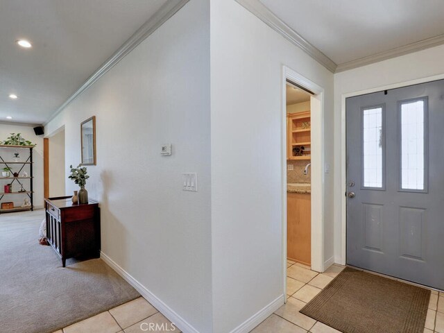 6364 Hancock Way, Buena Park, CA 90620 - foyer featuring ornamental molding, light tile patterned floors, recessed lighting, and light colored carpet