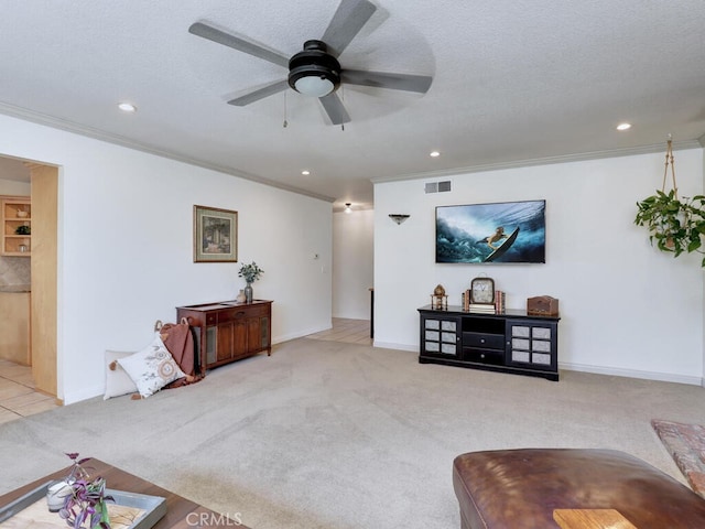 6364 Hancock Way, Buena Park, CA 90620 - living room featuring ornamental molding, carpet flooring, recessed lighting, and a ceiling fan