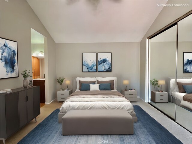 2014 W Hartford Pl Unit 58, Anaheim, CA 92801 - bedroom with vaulted ceiling, a closet, and ensuite bathroom