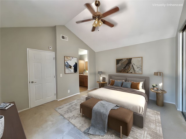 2014 W Hartford Pl Unit 58, Anaheim, CA 92801 - bedroom with ensuite bath, light colored carpet, high vaulted ceiling, and a ceiling fan