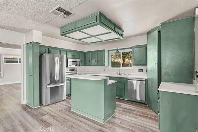 26865 Pine Canyon Rd, Lake Hughes, CA 93532 - kitchen with green cabinets, stainless steel appliances, and light wood-style floors