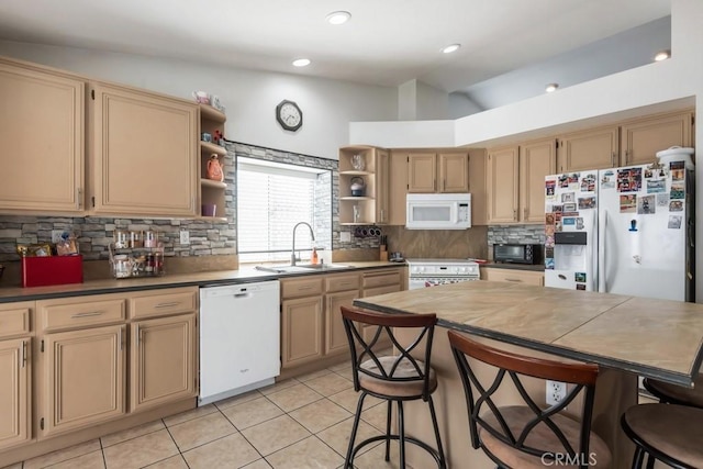 14389 Northstar Ave, Victorville, CA 92392 - kitchen with white appliances, open shelves, vaulted ceiling, tasteful backsplash, and light tile patterned floors