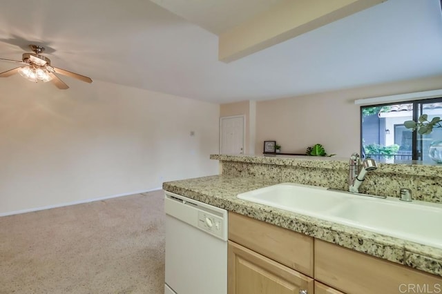 2917 C St Unit 186, San Diego, CA 92102 - kitchen with dishwasher, ceiling fan, light countertops, light brown cabinets, and light colored carpet