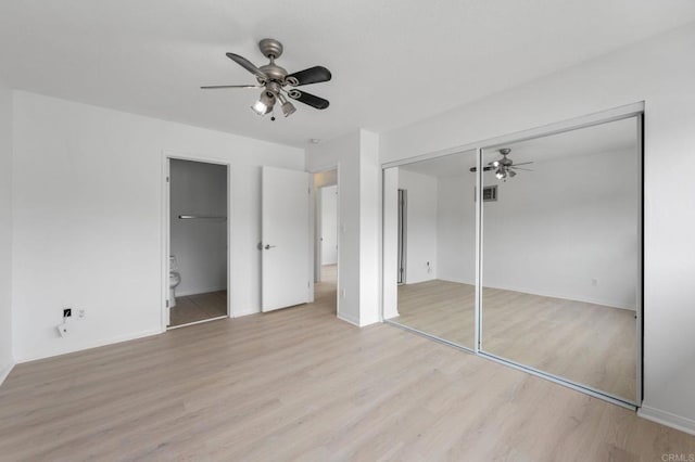 3458 Los Mochis Way, Oceanside, CA 92056 - unfurnished bedroom featuring light wood finished floors, a closet, ceiling fan, and ensuite bath
