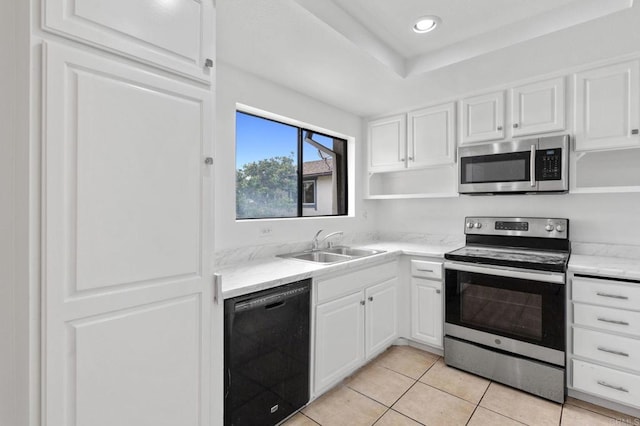 3458 Los Mochis Way, Oceanside, CA 92056 - kitchen featuring stainless steel appliances, open shelves, white cabinetry, light tile patterned flooring, and recessed lighting