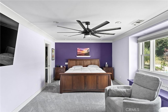 10270 Santa Ana Rd, Atascadero, CA 93422 - bedroom featuring light carpet, recessed lighting, a ceiling fan, and crown molding