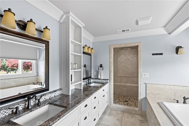 10270 Santa Ana Rd, Atascadero, CA 93422 - full bath featuring double vanity, a garden tub, tiled shower, and tile patterned floors