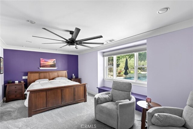 10270 Santa Ana Rd, Atascadero, CA 93422 - bedroom featuring light colored carpet, ornamental molding, ceiling fan, and recessed lighting