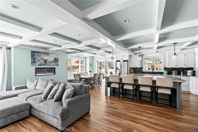 10270 Santa Ana Rd, Atascadero, CA 93422 - living area featuring coffered ceiling, dark wood finished floors, beamed ceiling, and recessed lighting