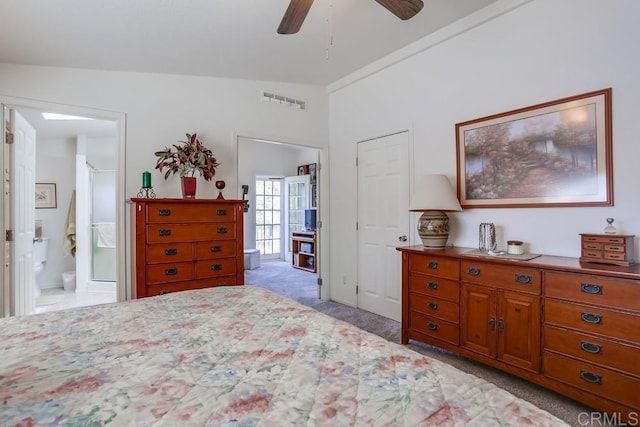 1750 W Citracado Pkwy Unit 157, Escondido, CA 92029 - bedroom with light carpet, ensuite bath, vaulted ceiling, and a ceiling fan