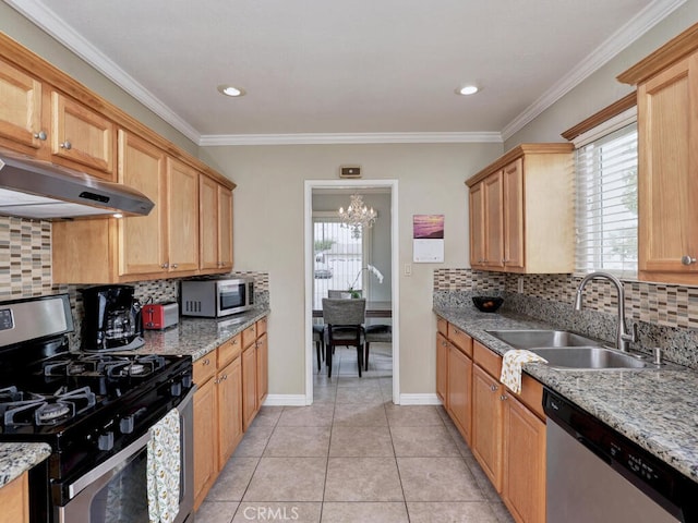 7840 La Mesa Way, Buena Park, CA 90620 - kitchen featuring stainless steel appliances, under cabinet range hood, tasteful backsplash, light tile patterned floors, and a chandelier